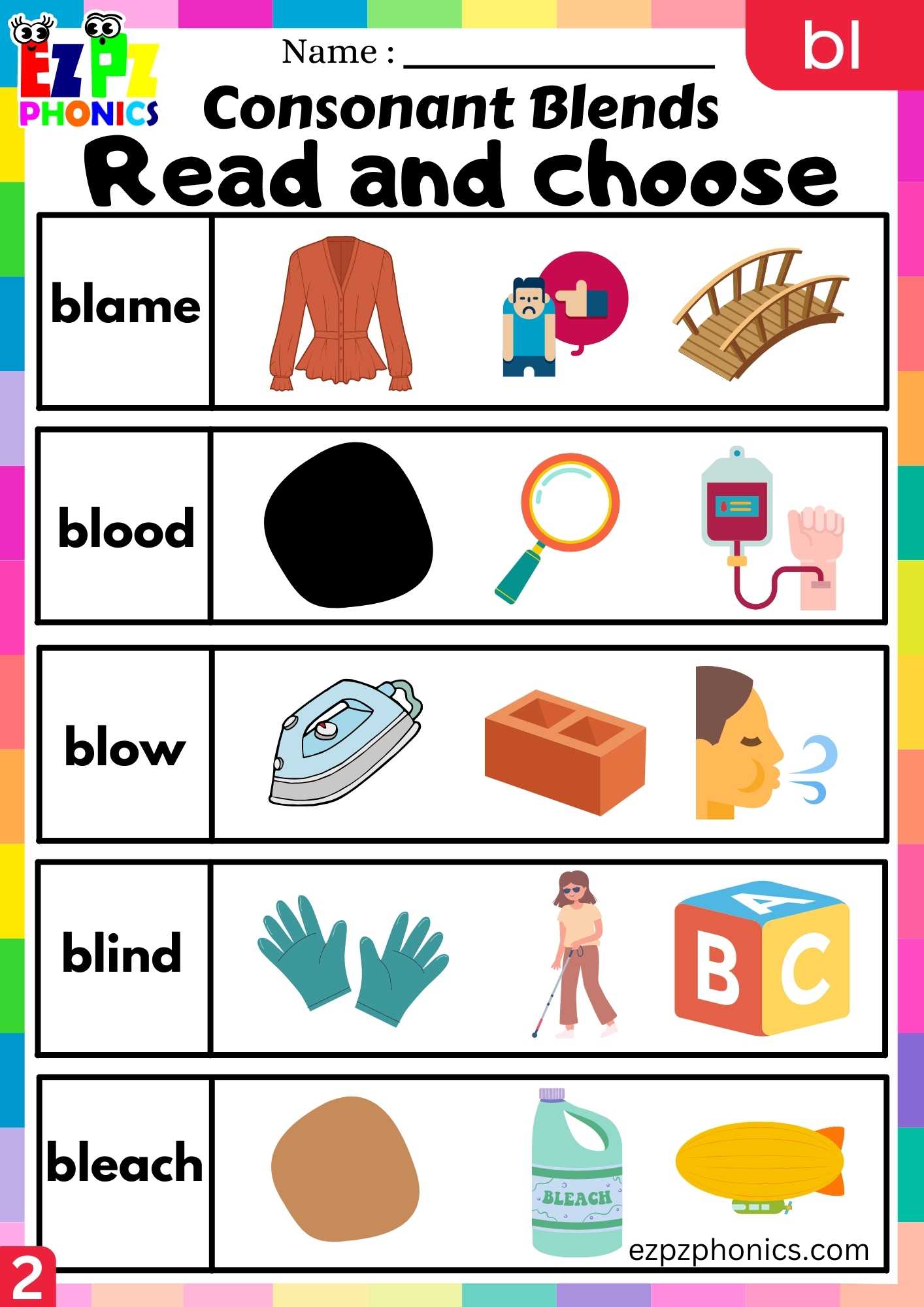 Group2 BL Words Read And Choose Phonics Consonant Blends Worksheet